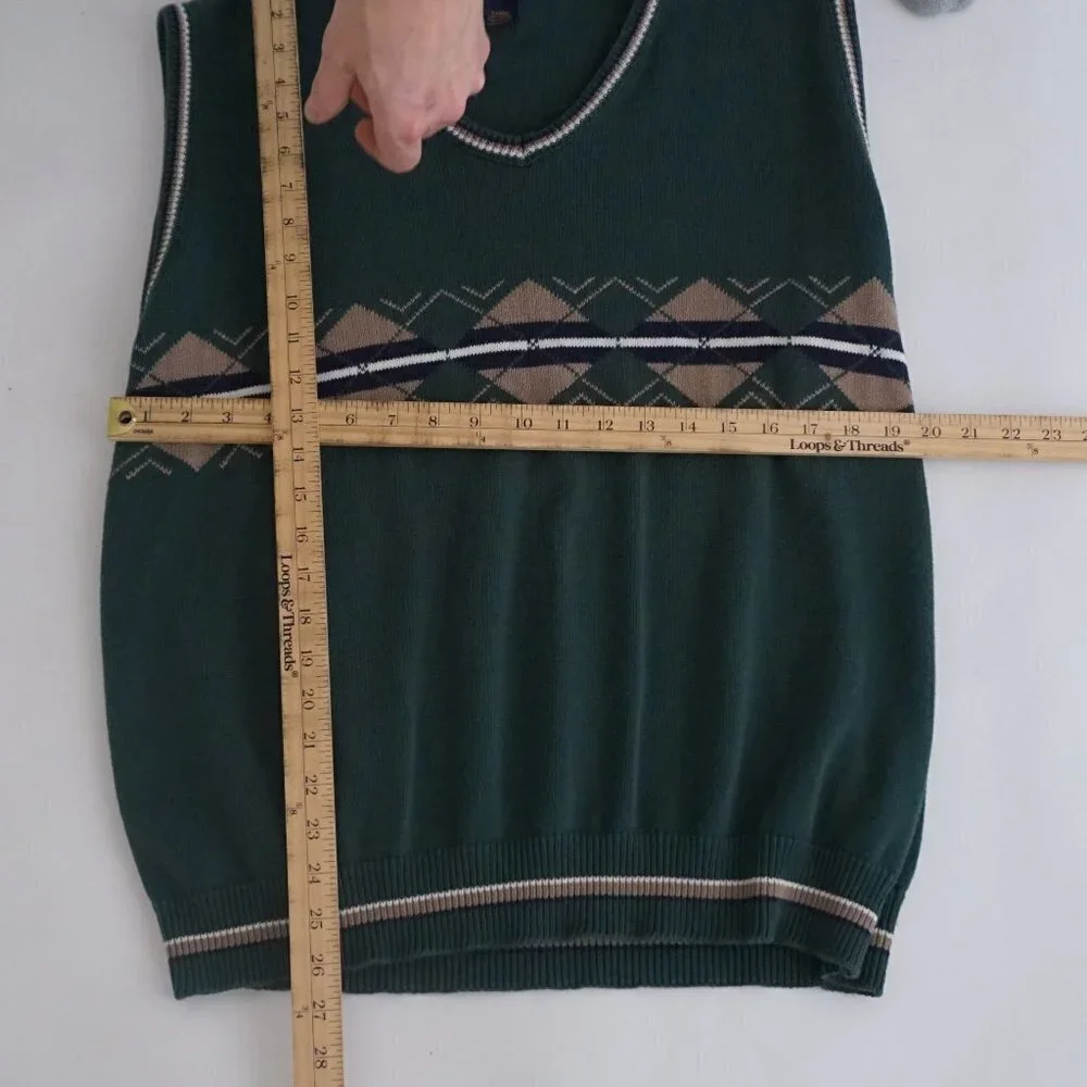 Vintage 90s Steve Strickland fairway sportswear green cotton knit v-neck Vest XL - Picture 3 of 8